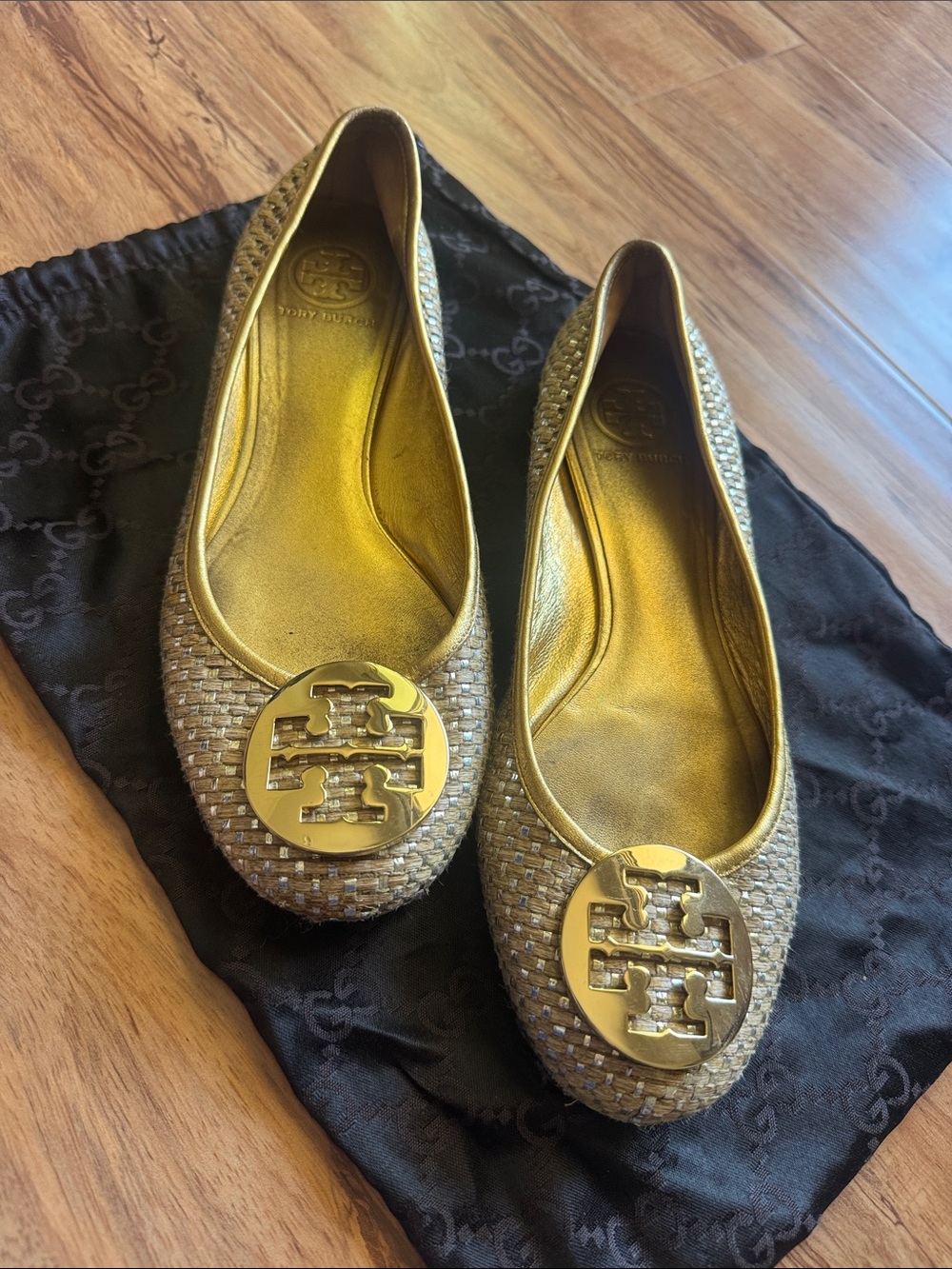 Tory Burch Metallic Gold Woven Logo Ballet Flats